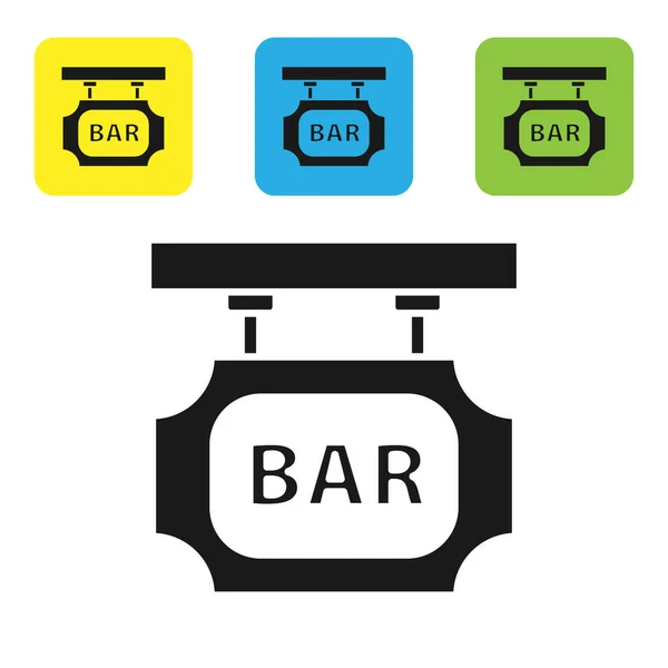 Black Street signboard s nápisem Bar ikona izolované na bílém pozadí. Vhodné pro inzeráty bar, kavárna, hospoda, restaurace. Nastavte barevná čtvercová tlačítka. Vektorová ilustrace — Stockový vektor