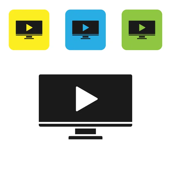 Black Online giocare icona video isolato su sfondo bianco. Computer monitor e pellicola striscia con segno di riproduzione. Set icone colorate pulsanti quadrati. Illustrazione vettoriale — Vettoriale Stock