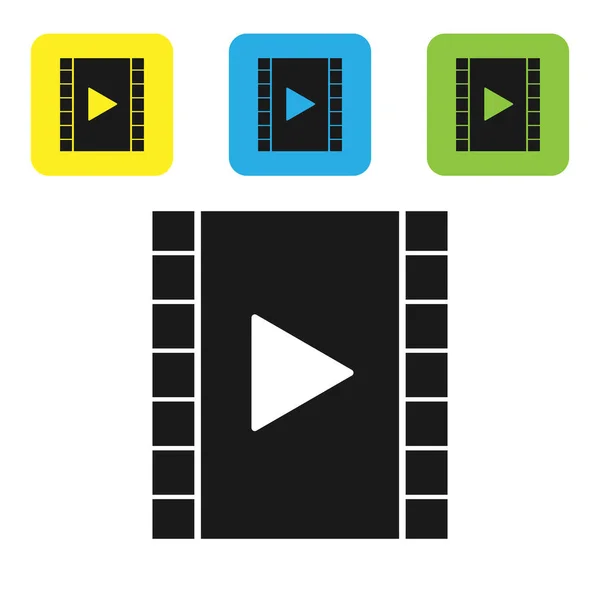 Black Play Video icon isolated on white background. Film strip with play sign. Set icons colorful square buttons. Vector Illustration — Stock Vector