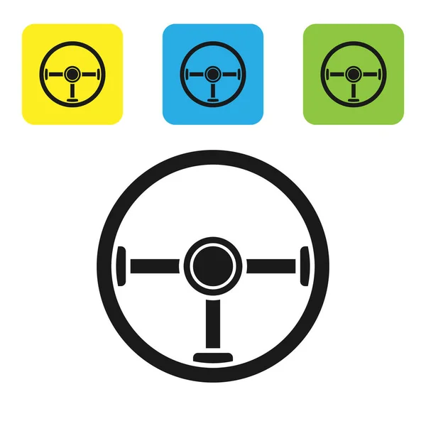 Black Steering wheel icon isolated on white background. Car wheel icon. Set icons colorful square buttons. Vector Illustration — Stock Vector