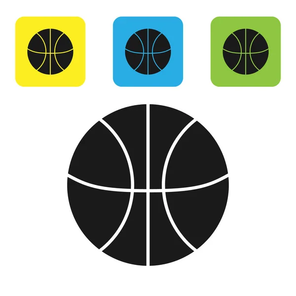 白い背景に黒のバスケットボールのアイコンが隔離されました。スポーツシンボル。カラフルな正方形のボタンを設定します。ベクターイラスト — ストックベクタ