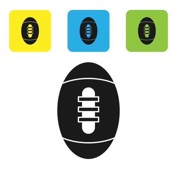 Ikona černého amerického fotbalového míče izolovaná na bílém pozadí. Ikona Rugby míče. Symbol týmové sportovní hry. Nastavení ikon barevných čtvercových tlačítek. Vektorová ilustrace — Stockový vektor