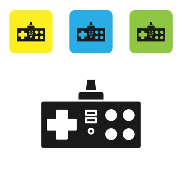Icono de Gamepad negro aislado sobre fondo blanco. Controlador de juego. Establecer iconos coloridos botones cuadrados. Ilustración vectorial — Vector de stock