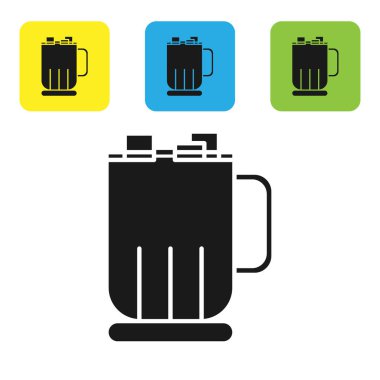 Beyaz arka planda izole edilmiş lokum ikonlu siyah sıcak çikolata bardağı. Mutlu Noeller ve mutlu yıllar. Renkli kare düğmeleri ayarlayın. Vektör İllüstrasyonu