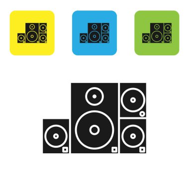 Siyah Stereo hoparlör simgesi beyaz arkaplanda izole edildi. Ses sistemi hoparlörleri. Müzik ikonu. Müzikal sütun hoparlörü. Renkli kare düğmeleri ayarlayın. Vektör İllüstrasyonu