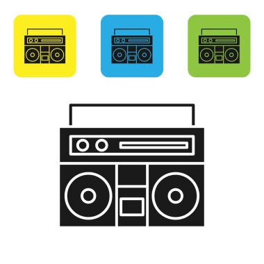 Beyaz zemin üzerinde iki hoparlör simgesi olan Black Home müzik seti. Müzik sistemi. Renkli kare düğmeleri ayarlayın. Vektör İllüstrasyonu