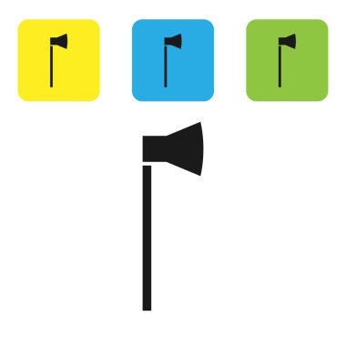 Beyaz arka planda siyah tahta balta simgesi izole edildi. Oduncu baltası. Renkli kare düğmeleri ayarlayın. Vektör İllüstrasyonu