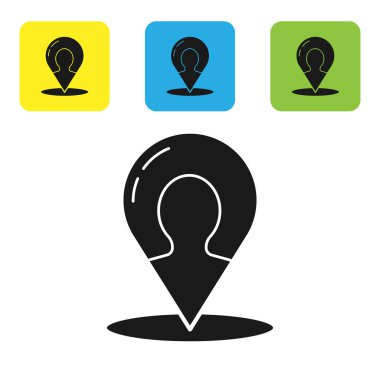 Beyaz arkaplanda izole edilmiş bir insan simgesinin silüeti olan siyah harita işareti. GPS konum sembolü. Renkli kare düğmeleri ayarlayın. Vektör İllüstrasyonu