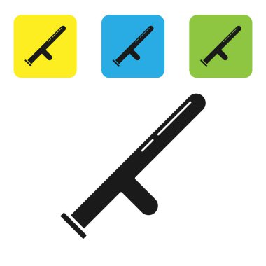 Siyah Polis kauçuk çubuk simgesi beyaz arkaplanda izole edildi. Kauçuk copu. Polis yarasası. Polis ekipmanları. Renkli kare düğmeleri ayarlayın. Vektör İllüstrasyonu