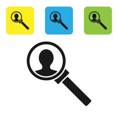 Arama simgesi için siyah büyüteç beyaz arkaplanda izole edilmiş. İşe alım ya da seçim konsepti. Çalışanları ve işi ara. Renkli kare düğmeleri ayarlayın. Vektör İllüstrasyonu