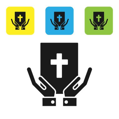 Beyaz arka planda izole edilmiş kutsal İncil ikonu üzerine siyah yemin. Mahkemedeki prosedür. Gerçek ve gerçek. Tanrı huzurunda söz ver. Renkli kare düğmeleri ayarlayın. Vektör İllüstrasyonu