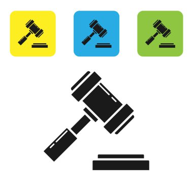 Siyah Yargıç Tokmak simgesi beyaz arka planda izole edildi. Gavel cezaların, faturaların, mahkemenin, adaletin hükmünü verecek. Açık arttırma çekici. Renkli kare düğmeleri ayarlayın. Vektör İllüstrasyonu