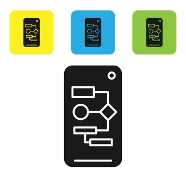 Beyaz arkaplanda siyah algoritma simgesi izole edildi. Yapay Zeka koleksiyonundan algoritma sembolü tasarımı. Renkli kare düğmeleri ayarlayın. Vektör İllüstrasyonu
