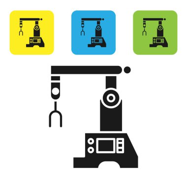 Siyah Assembly çizgi simgesi beyaz arkaplanda izole edildi. Otomatik üretim taşıyıcısı. Robot endüstrisi konsepti. Renkli kare düğmeleri ayarlayın. Vektör İllüstrasyonu