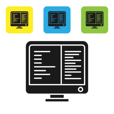 Siyah bilgisayar monitör ekran simgesi beyaz arka planda yalıtılmış. Elektronik cihaz. Ön görünüm. Set simgeleri renkli kare düğmeler. Vektör Illustration