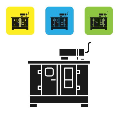 Siyah Diesel güç jeneratörü ikonu beyaz arkaplanda izole edildi. Sanayi ve ev taşınmaz güç jeneratörü. Renkli kare düğmeleri ayarlayın. Vektör İllüstrasyonu