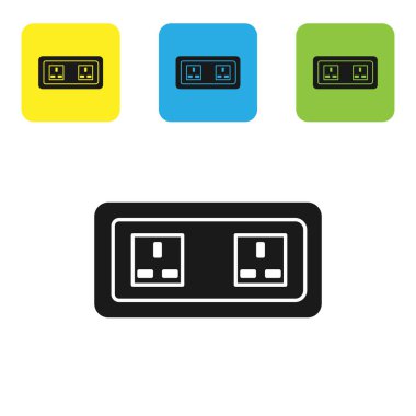 Beyaz arkaplanda siyah elektrik çıkış simgesi izole edildi. Elektrik prizi. Rosette sembolü. Renkli kare düğmeleri ayarlayın. Vektör İllüstrasyonu