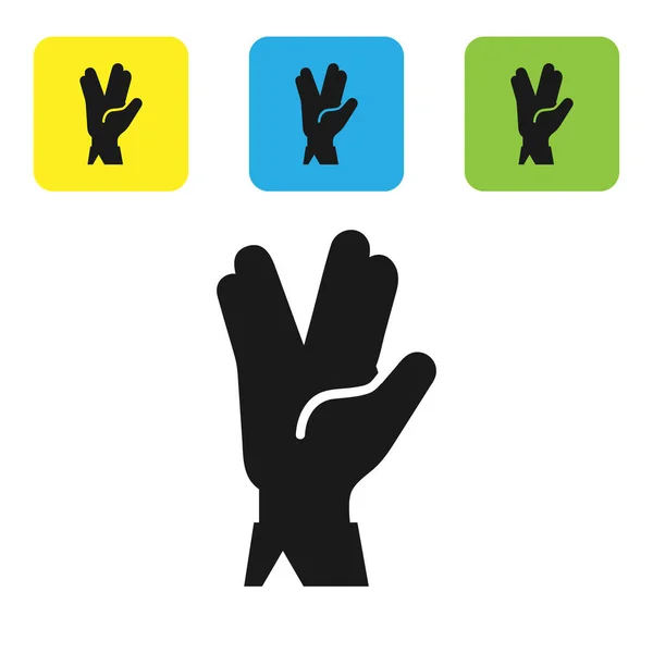 Czarna Wolkańska ikona salutowa odizolowana na białym tle. Ręka z wulkanicznym powitaniem. Symbol Spocka. Zestaw ikon kolorowe przyciski kwadratowe. Ilustracja wektora — Wektor stockowy