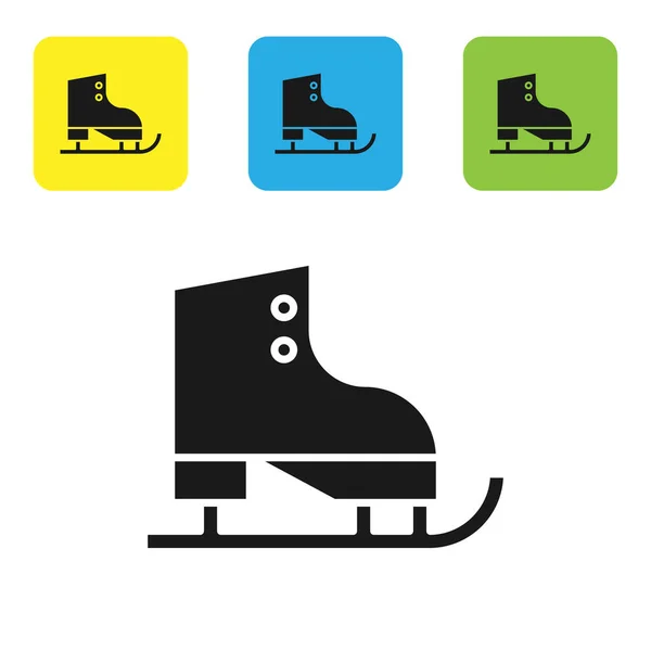 Figura nera pattini icona isolata su sfondo bianco. Icona delle scarpe da pattinaggio. Stivali sportivi con lame. Set icone colorate pulsanti quadrati. Illustrazione vettoriale — Vettoriale Stock