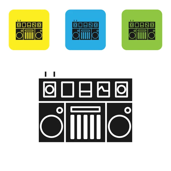 Negro DJ remoto para reproducir y mezclar icono de música aislado sobre fondo blanco. Mezclador DJ completo con reproductor de vinilo y control remoto. Establecer iconos coloridos botones cuadrados. Ilustración vectorial — Archivo Imágenes Vectoriales