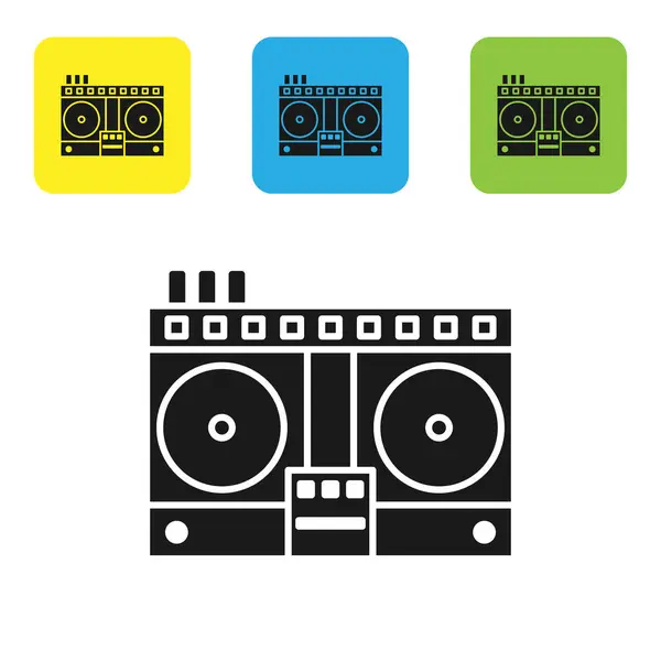 Schwarze DJ-Fernbedienung zum Abspielen und Mischen von Musiksymbolen isoliert auf weißem Hintergrund. DJ-Mischpult komplett mit Plattenspieler und Fernbedienung. setzen Symbole bunte quadratische Tasten. Vektorillustration — Stockvektor