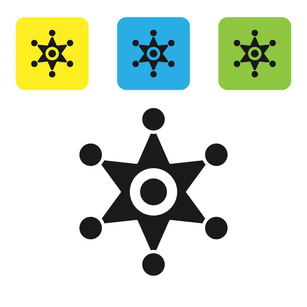 Černá ikona šerifa Hexagramu izolovaná na bílém pozadí. Ikona odznaku policie. Nastavte barevná čtvercová tlačítka. Vektorová ilustrace — Stockový vektor