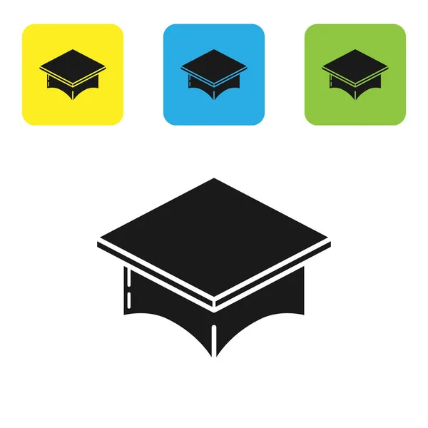Μαύρο καπέλο αποφοίτησης εικονίδιο απομονωμένο σε λευκό φόντο. Καπέλο αποφοίτησης με φούντα. Ορισμός εικονίδια πολύχρωμα τετράγωνα κουμπιά. Εικονογράφηση διανύσματος — Διανυσματικό Αρχείο
