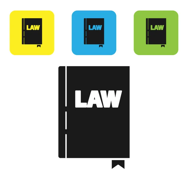 Ікона книг Black Law ізольована на білому тлі. Книга юридичного судді. Судова концепція. Встанови ікони барвистими квадратними кнопками. Векторний приклад — стоковий вектор