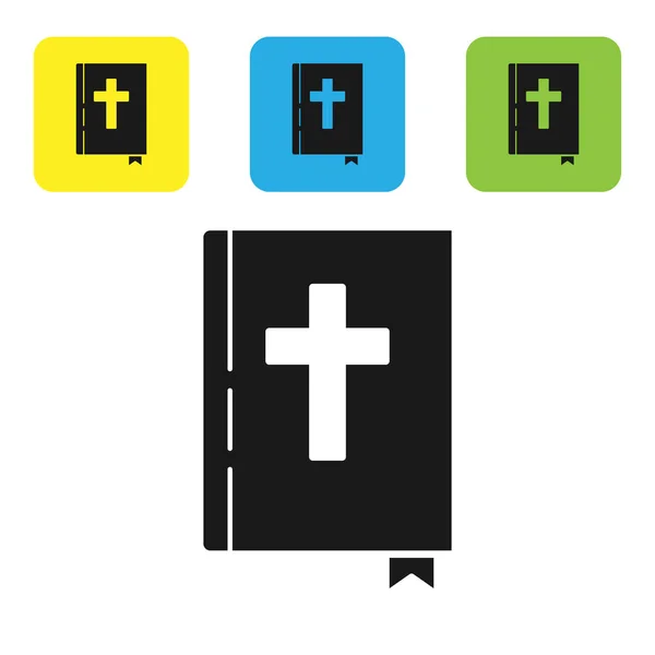 Icono del libro de la Santa Biblia negra aislado sobre fondo blanco. Establecer iconos coloridos botones cuadrados. Ilustración vectorial — Archivo Imágenes Vectoriales