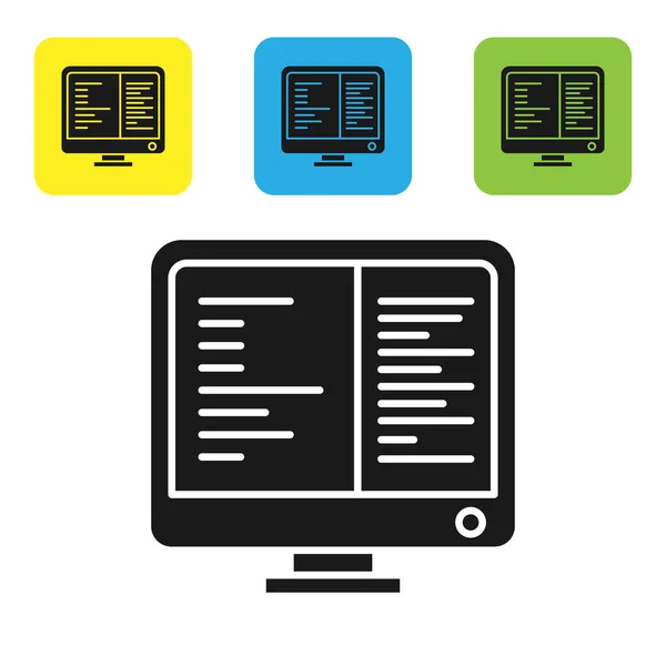 Ícone de tela de monitor de computador preto isolado no fundo branco. Dispositivo electrónico. Vista frontal. Definir ícones coloridos botões quadrados. Ilustração vetorial —  Vetores de Stock