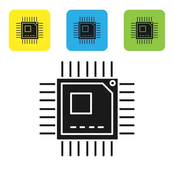 Black Computer processor with microcircuits CPU icon isolated on white background. Chip or cpu with circuit board sign. Micro processor. Set icons colorful square buttons. Vector Illustration — Stock Vector