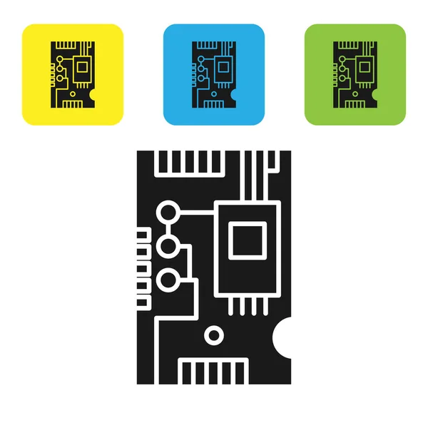 Black Electronic computer components motherboard digital chip integrated science icon isolated on white background. Circuit board. Set icons colorful square buttons. Vector Illustration