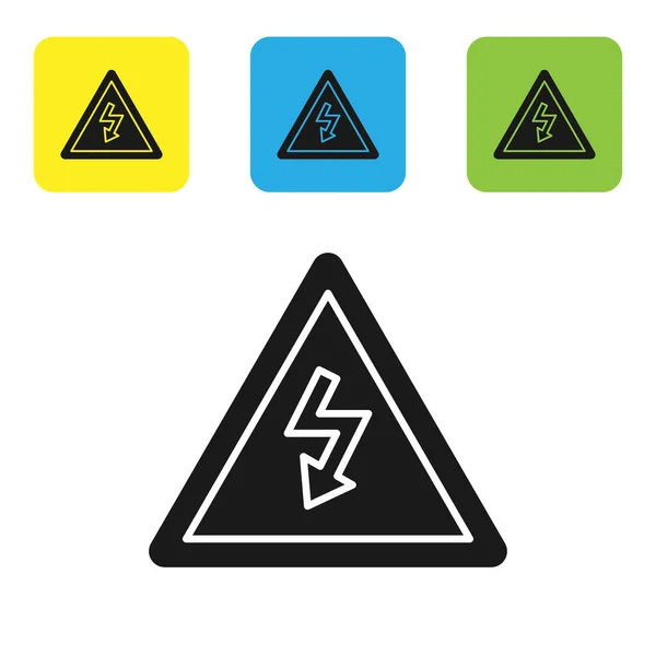 Black High voltage sign icon isolated on white background. Danger symbol. Arrow in triangle. Warning icon. Set icons colorful square buttons. Vector Illustration — Stock Vector