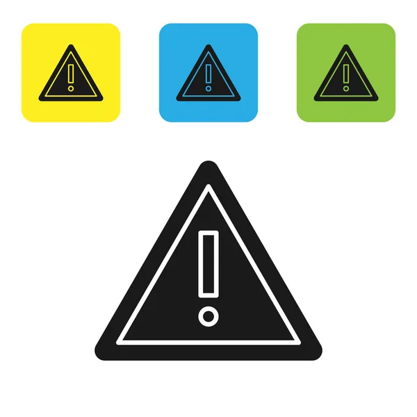 Schwarzes Ausrufezeichen im Dreieck-Symbol isoliert auf weißem Hintergrund. Gefahrenwarnschild, Vorsicht, Achtung, Gefahrenwarnung wichtiges Zeichen. setzen Symbole bunte quadratische Tasten. Vektorillustration — Stockvektor