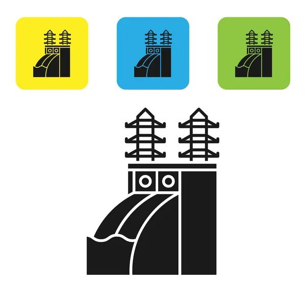 Ícone de usina nuclear preta isolado em fundo branco. Conceito industrial de energia. Definir ícones coloridos botões quadrados. Ilustração vetorial — Vetor de Stock