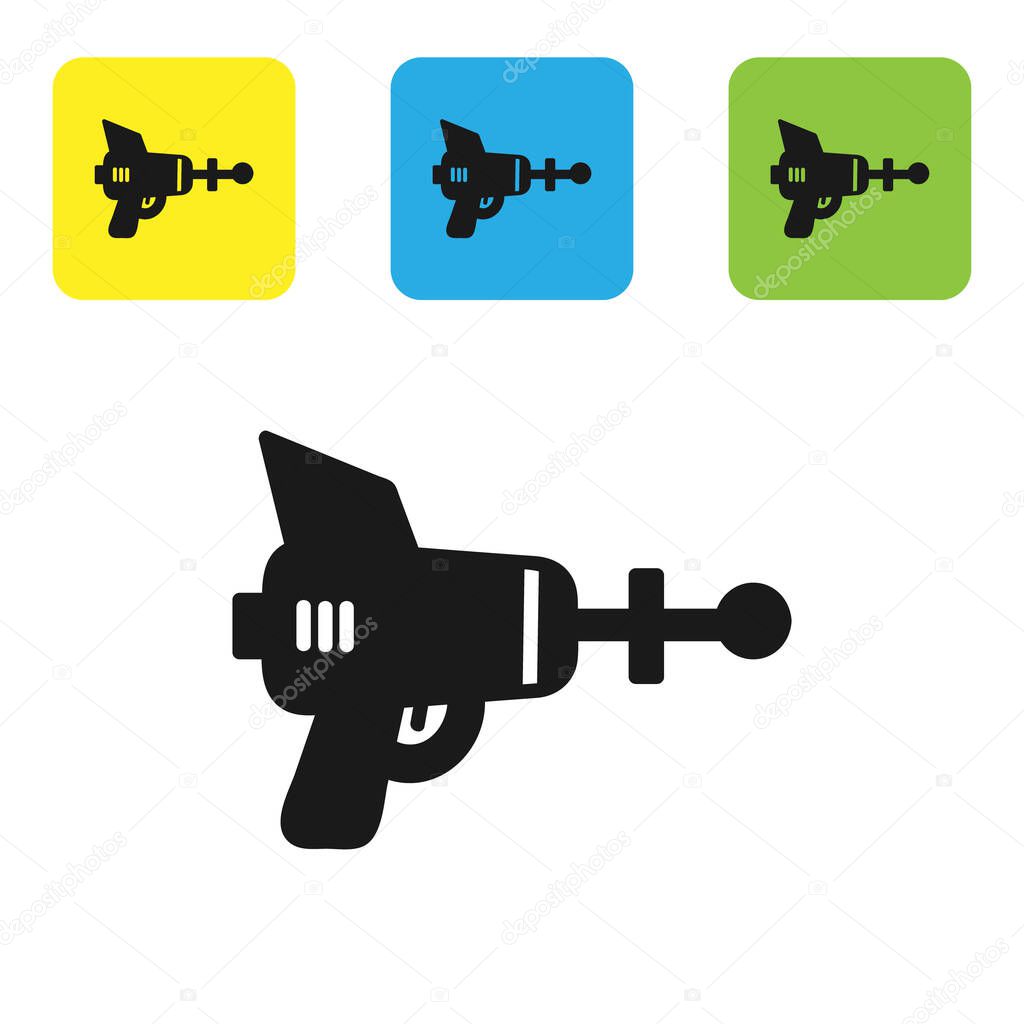 Black Ray gun icon isolated on white background. Laser weapon. Space blaster. Set icons colorful square buttons. Vector Illustration