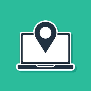 Yeşil arkaplanda konum belirleyici simgesi olan mavi dizüstü bilgisayar. Vektör İllüstrasyonu