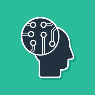Dijital devre kartı simgesi olarak mavi insan beyni yeşil arka planda izole edildi. İçinde devre çizgileri olan insan kafası. Vektör İllüstrasyonu