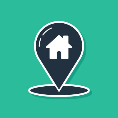 Yeşil arkaplanda ev simgesi olan mavi harita işaretçisi. Ev konumu belirleyici sembol. Vektör İllüstrasyonu