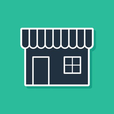 Mavi alışveriş binası veya Pazar Mağazası simgesi yeşil arka planda izole. Dükkan İnşaatı. Vektör Illustration