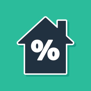 Yeşil arka planda izole edilmiş indirimli etiket simgesine sahip Mavi Saray. Evin yüzdesi tabela fiyatı. Emlak evi. Vektör İllüstrasyonu