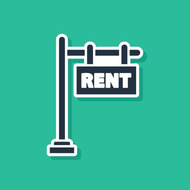 Yeşil arkaplanda izole edilmiş metin kira simgesi olan Mavi Asılma işareti. Metin Rent 'li pano. Vektör İllüstrasyonu