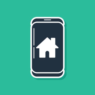 Yeşil arka planda izole akıllı ev simgesi ile Mavi Cep telefonu. Uzaktan kumanda. Vektör İllüstrasyonu