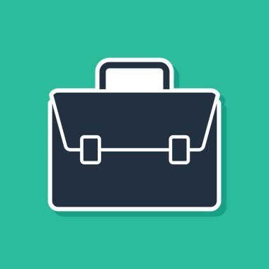 Mavi evrak çantası simgesi yeşil arka planda yalıtılmış. İş davası işareti. İş portföyü. Vektör Illustration