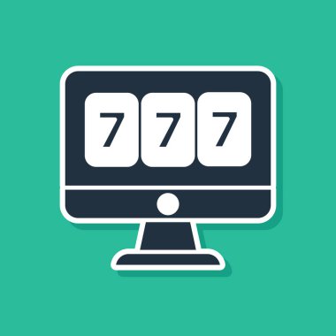 Yeşil arka planda izole edilmiş şanslı yedili büyük ikramiye ikonu olan Blue Online slot makinesi. İnternetteki kumarhane. Vektör İllüstrasyonu