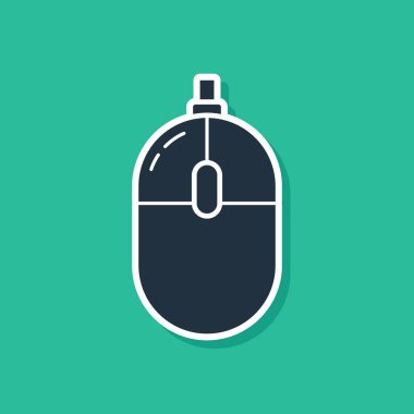Mavi Bilgisayar Fare simgesi yeşil arkaplanda izole edildi. Tekerlek sembollü optik. Vektör İllüstrasyonu