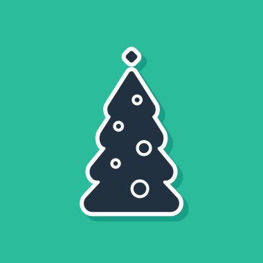 Yeşil arka planda süsleme simgesi olan mavi Noel ağacı. Mutlu Noeller ve mutlu yıllar. Vektör İllüstrasyonu