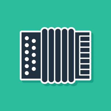 Mavi Müzik enstrümanı akordeon simgesi yeşil arkaplanda izole edildi. Klasik bayan, harmonik. Vektör İllüstrasyonu