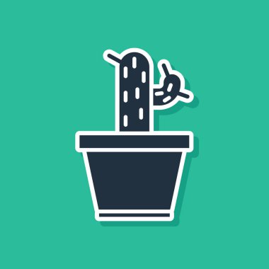 Mavi kaktüs ve yeşil arka planda izole pot simgesi etli. Bitki bir tencerede büyüyor. Potted bitki işareti. Vektör Illustration