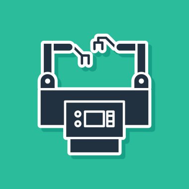 Mavi Meclis çizgi simgesi yeşil arkaplanda izole edildi. Otomatik üretim taşıyıcısı. Robot endüstrisi konsepti. Vektör İllüstrasyonu